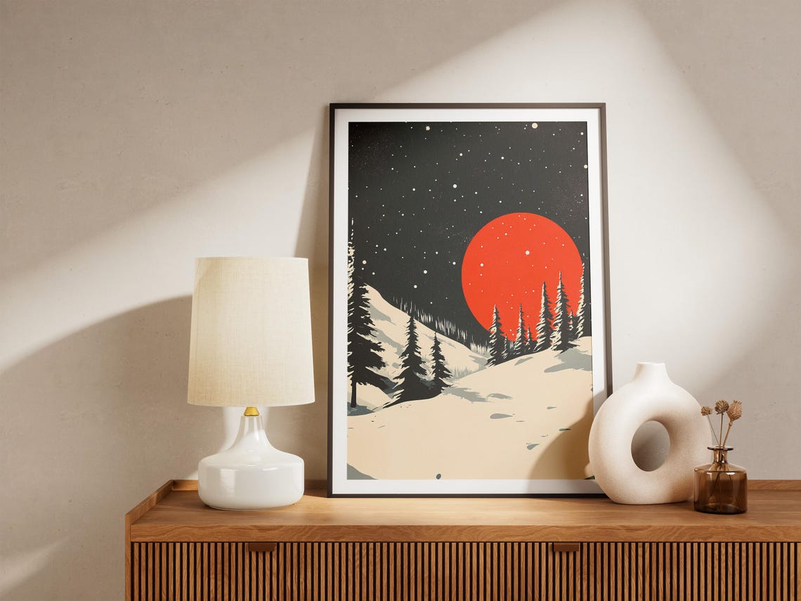 Red Moon Winter Night Snowy Pine Forest Starry Sky Art Poster - Image 5
