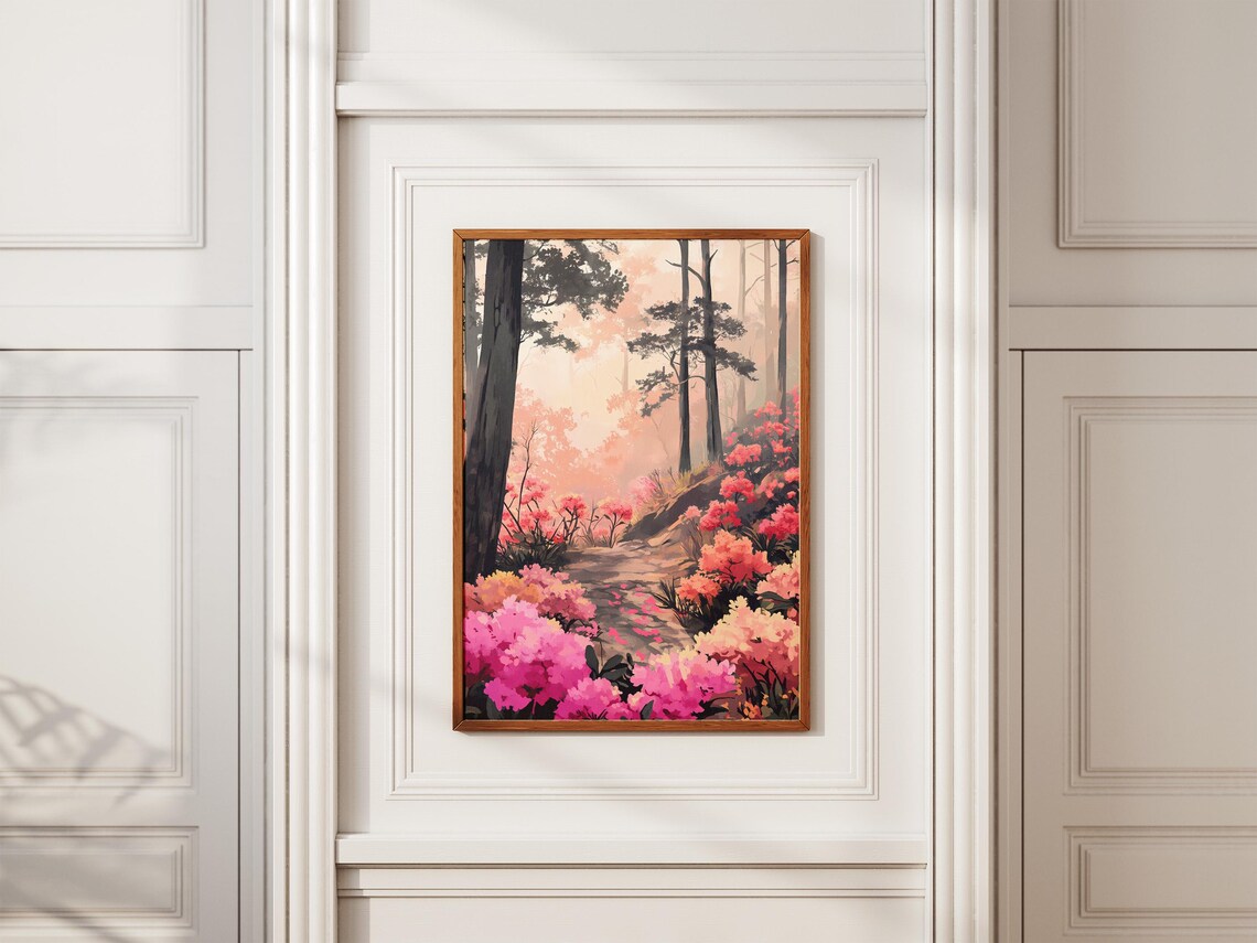Pink Azalea Misty Forest Trail Dreamy Blossom Grove Scene Poster - Image 2
