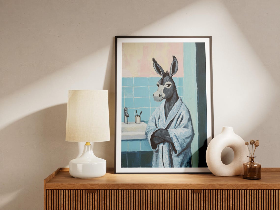 Donkey in Blue Bathrobe Funny Bathroom Animal Portrait Poster - Image 5