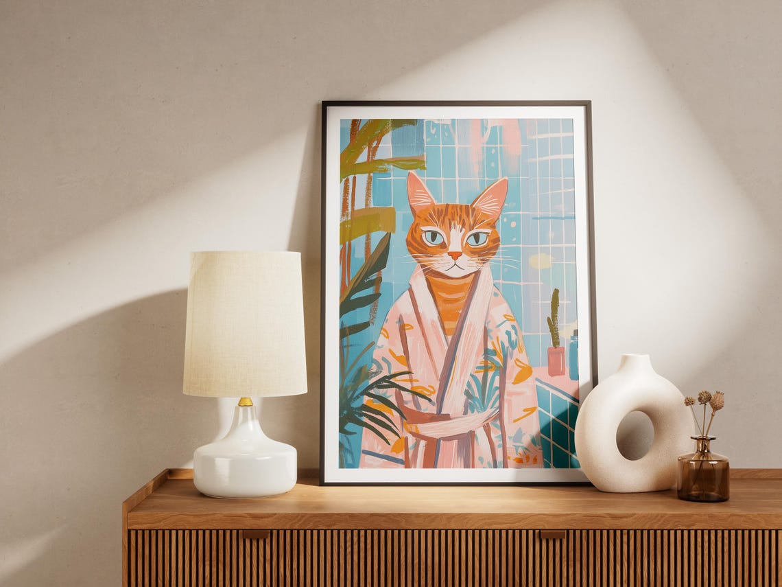 Bengal Cat Bathrobe Bathroom Art Print Humorous Feline Wall Decor Funny Animal Poster Whimsical Lover Gift Modern - Image 4