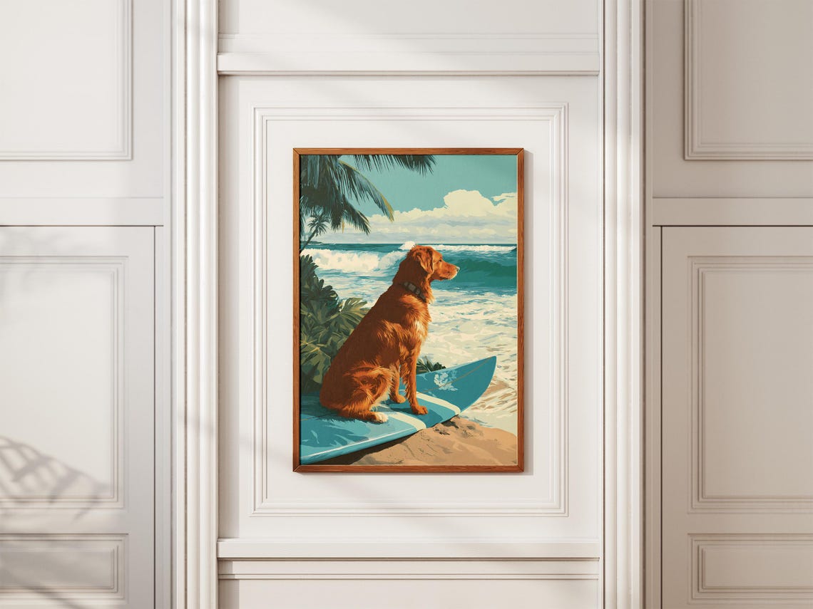 Golden Retriever Blue Surfboard Beach Wave Dog Lover Art Poster - Image 2