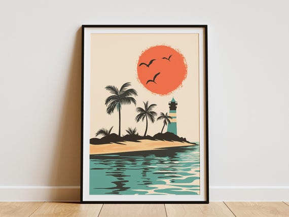 Tropical Island Lighthouse Beach Sunset Palm Trees Ocean Summer Vacation Travel Poster Print Art Decor Coastal Home Decor