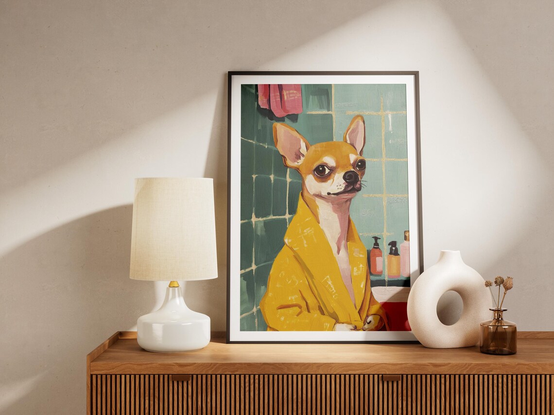Chihuahua in Golden Yellow Robe Green Tiled Bathroom Dog Art Poster - Image 4