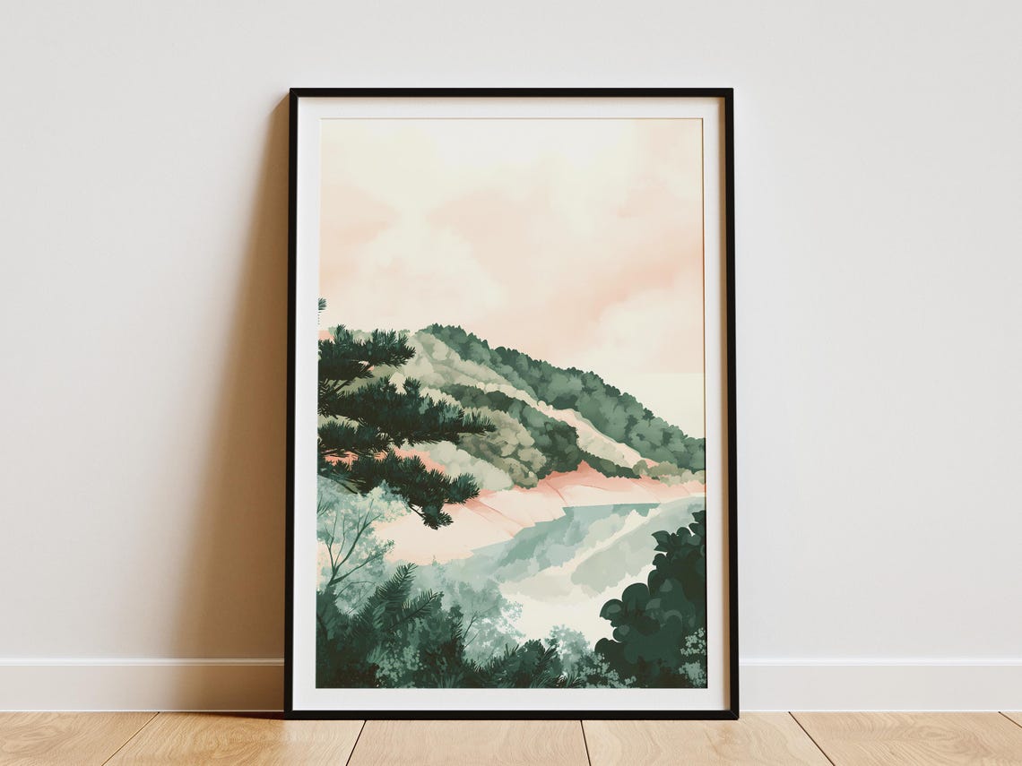 Serene Misty Pine Forest River Valley Watercolor Landscape Poster