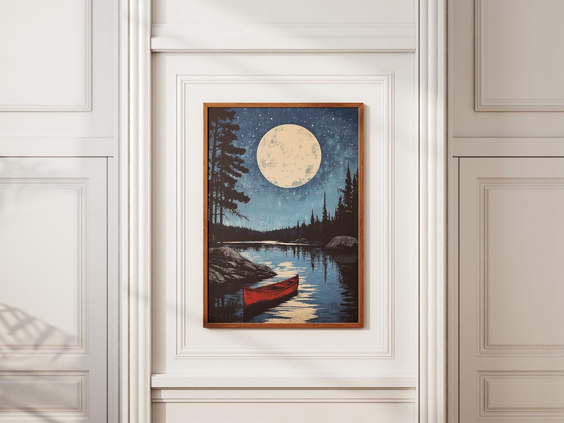 Voyageurs Red Canoe Under Full Moon Pine Lake Night Art Poster - Image 2