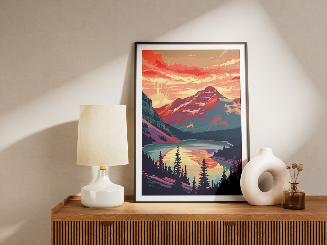 Glacier National Park Alpine Lake Sunset Vintage Travel Poster - Image 2