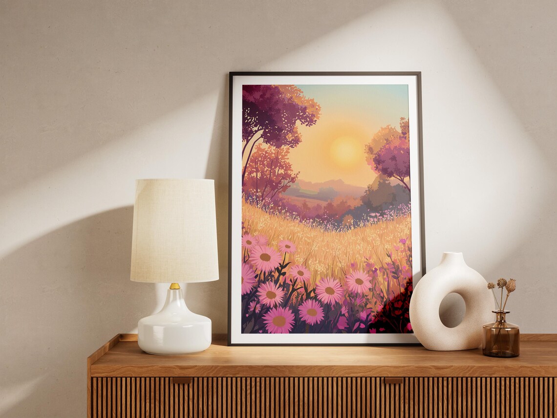 Pink Cosmos Flower Meadow at Golden Sunset Poster With Field Trees - Image 5