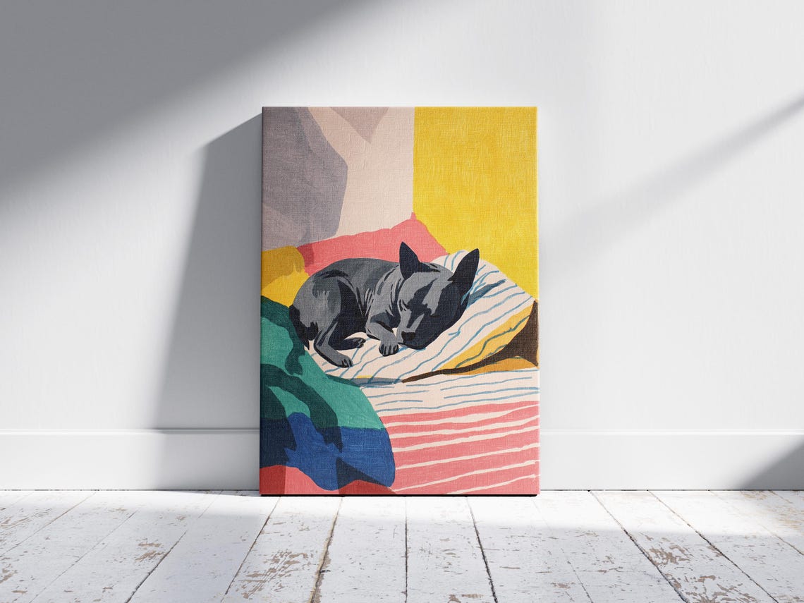 Staffordshire Terrier Sleeping on Striped Bed Bold Color Art Poster - Image 2
