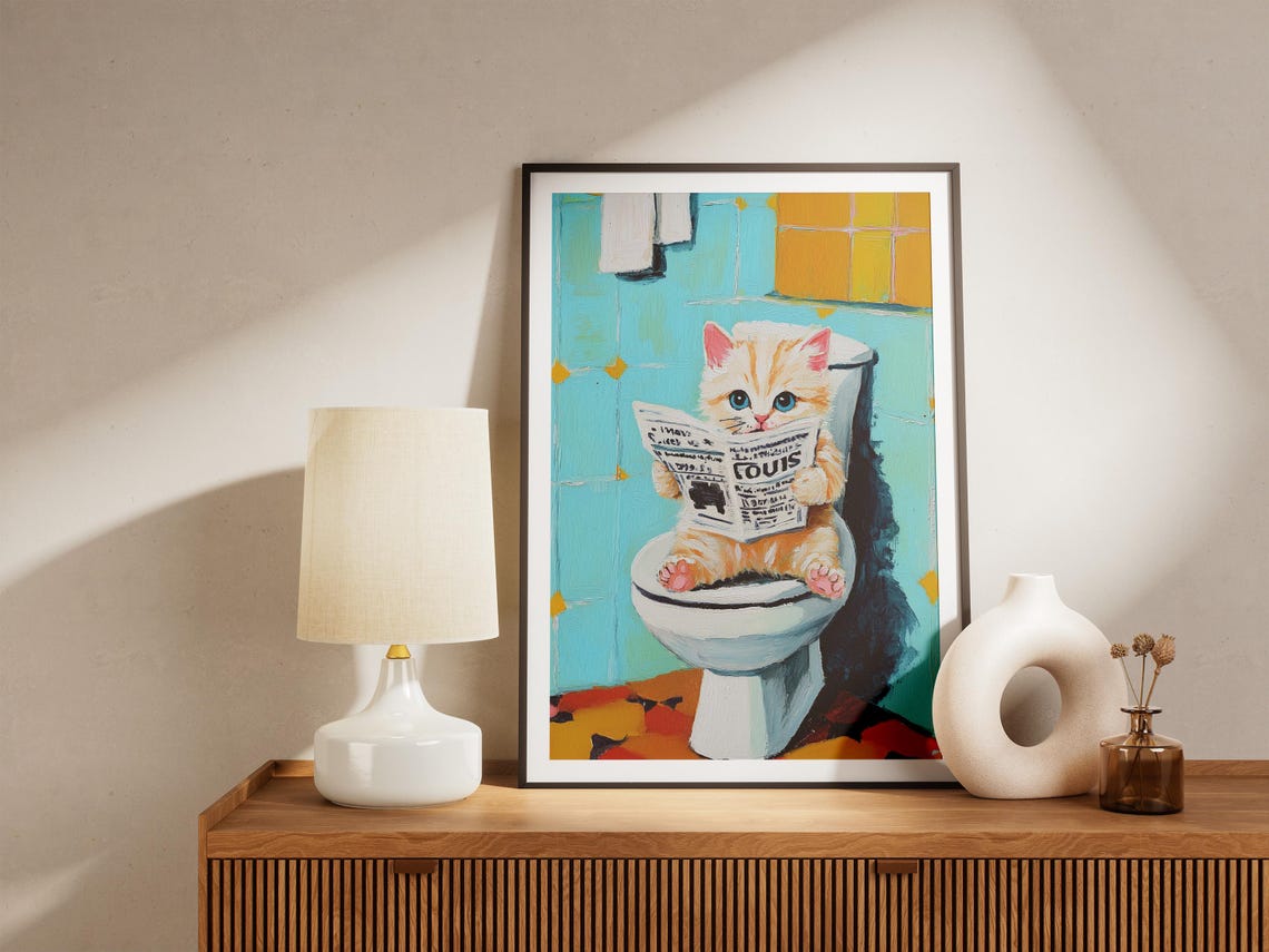 Kitten Reading Newspaper On Toilet Poster Funny Cat Bathroom Humor Art - Image 4