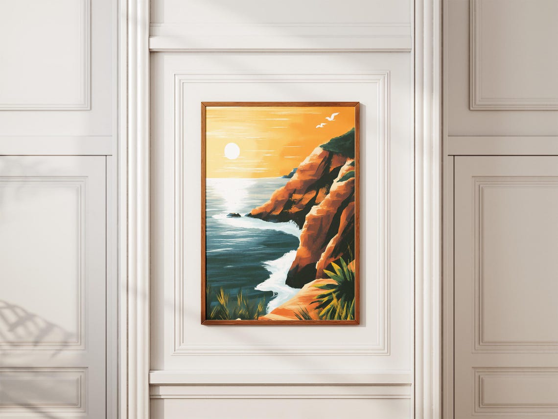 Golden Sunset Over Rocky Coastal Cliffs Ocean Landscape Poster - Image 2