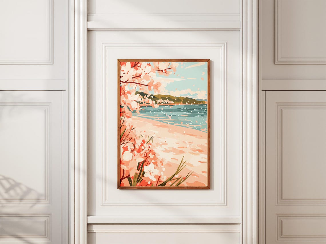 Cherry Blossoms Over a Peach-Sand Turquoise Beach Scene Poster - Image 2