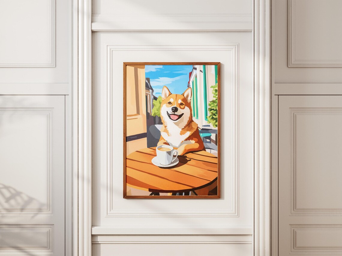 Happy Shiba Inu Dog Grinning With Coffee Sunny Cafe Art Poster - Image 2
