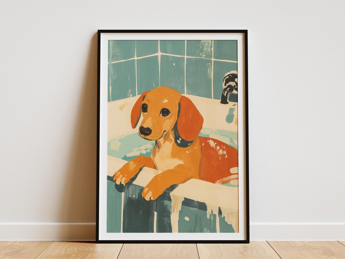 Dachshund Puppy in Bathtub Bubble Bath Cute Bathroom Dog Art Poster