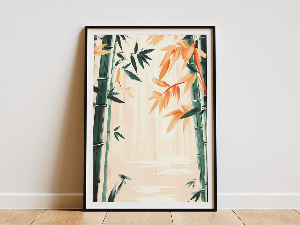 Misty Bamboo Grove With Peach Autumn Leaves Zen Garden Poster