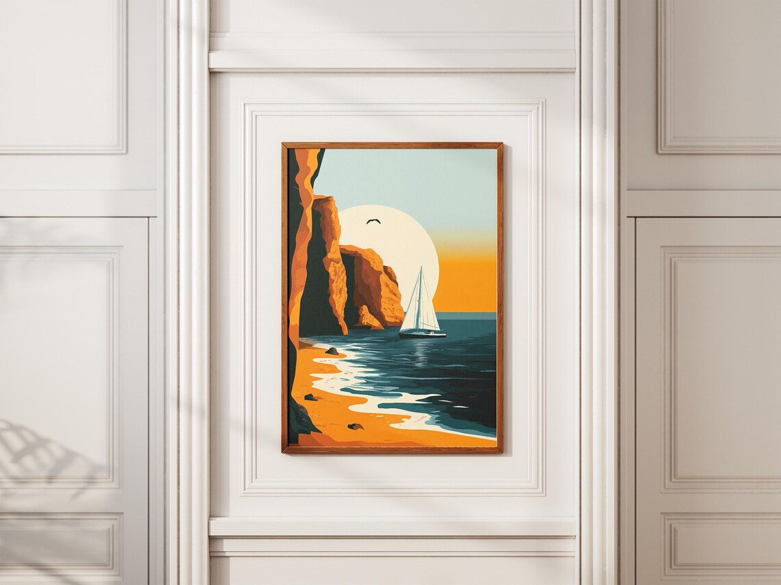Sunset Sailboat Beside Glowing Orange Sea Cliffs Poster Scenic - Image 2