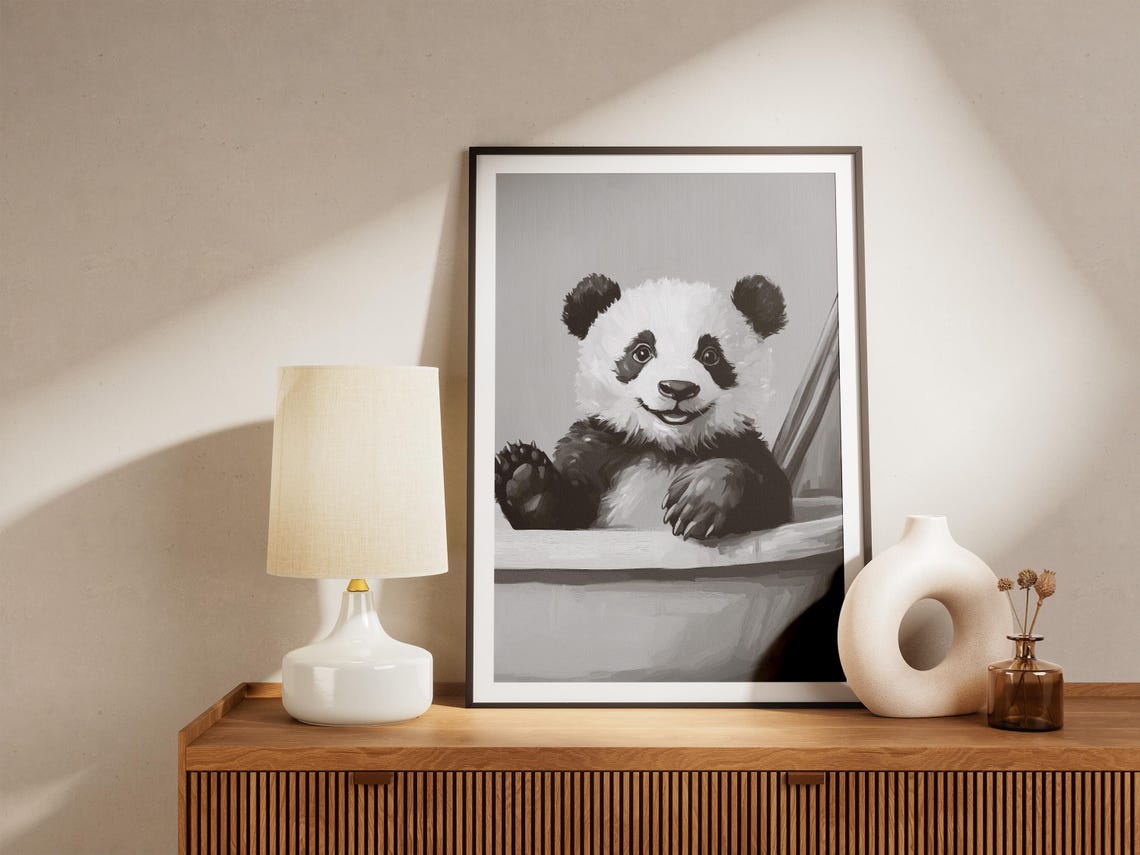 Panda Bear In Bathtub Poster Black And White Minimalist Print Animal Wall Art Bathroom Decor Bubble Bath Funny - Image 4