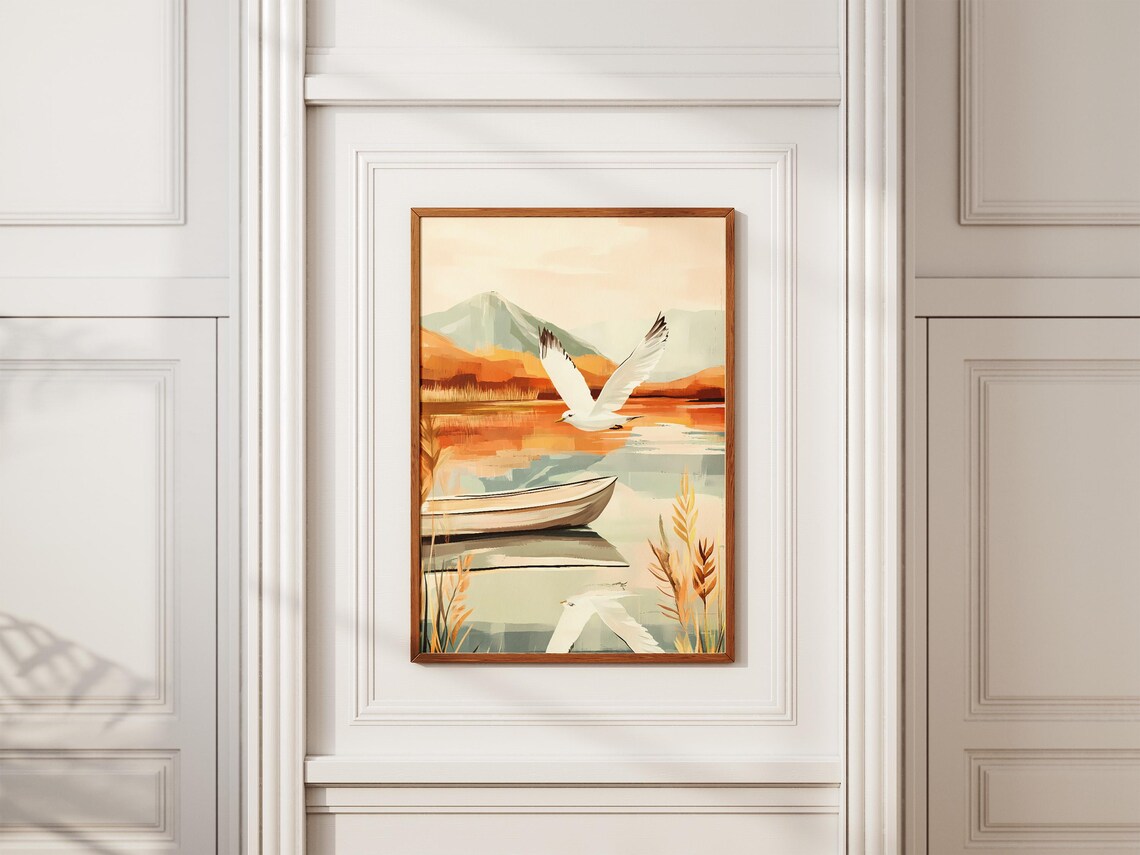 White Seagull Soaring Over a Wooden Canoe on an Autumn Lake Poster - Image 2