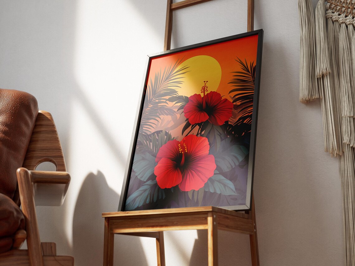 Red Hibiscus Flowers Against A Tropical Sunset Sun Art Poster - Image 3
