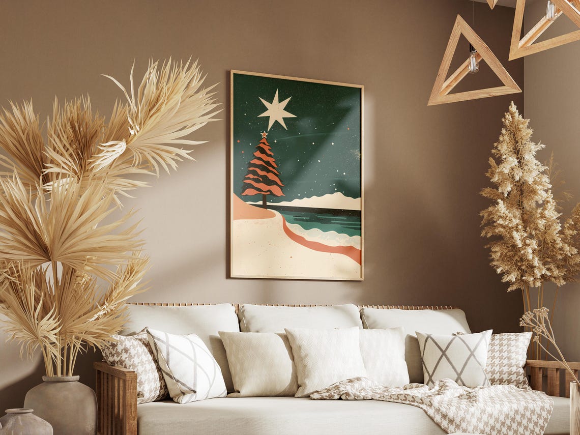 Christmas Tree On Sandy Beach Holiday Night Stars Ocean Poster - Image 3