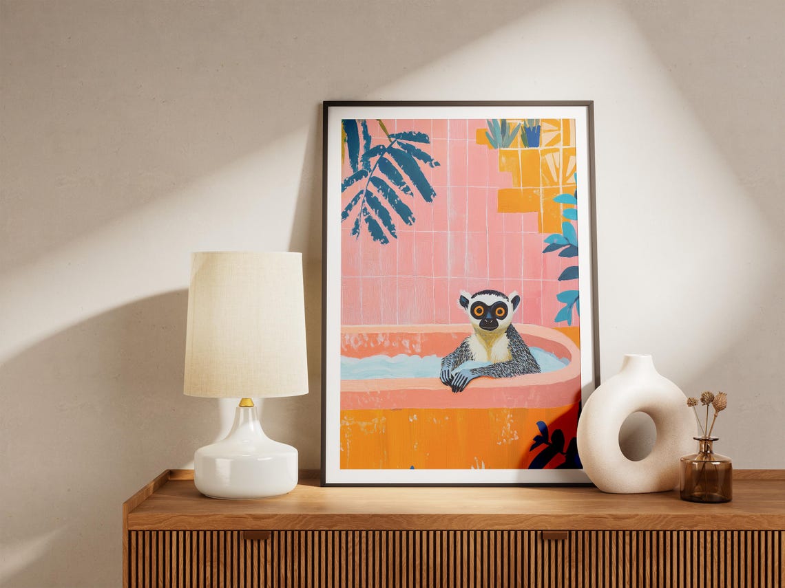 Ring Tailed Lemur in Bathtub Pink Bathroom Funny Animal Poster - Image 5