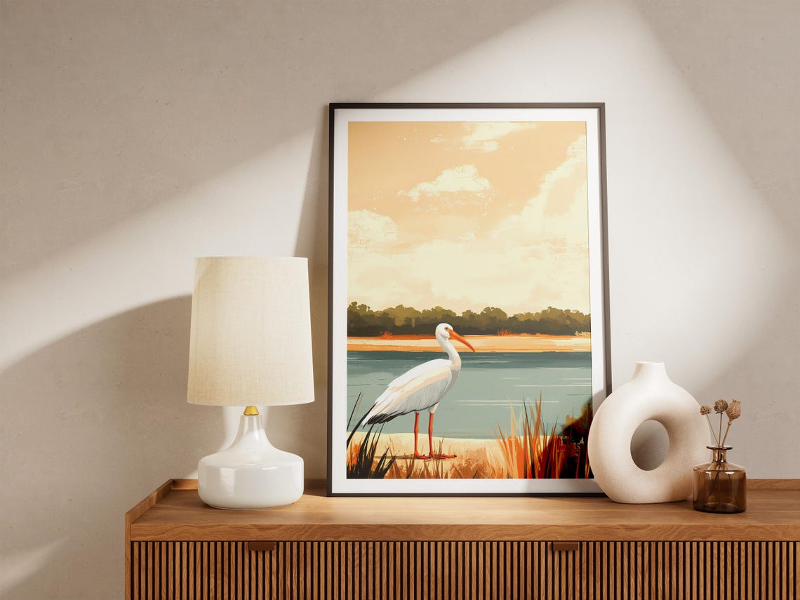 White Ibis Wading at a River Estuary Coastal Bird Art Poster - Image 5