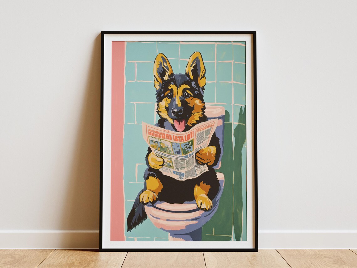 German Shepherd Puppy Reading Newspaper on Toilet Funny Poster