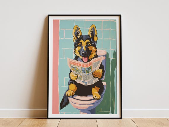 German Shepherd Puppy Poster Funny Dog Art Print Bathroom Wall Decor Toilet Humor Novelty Gift For Lovers Cute Animal Artwork