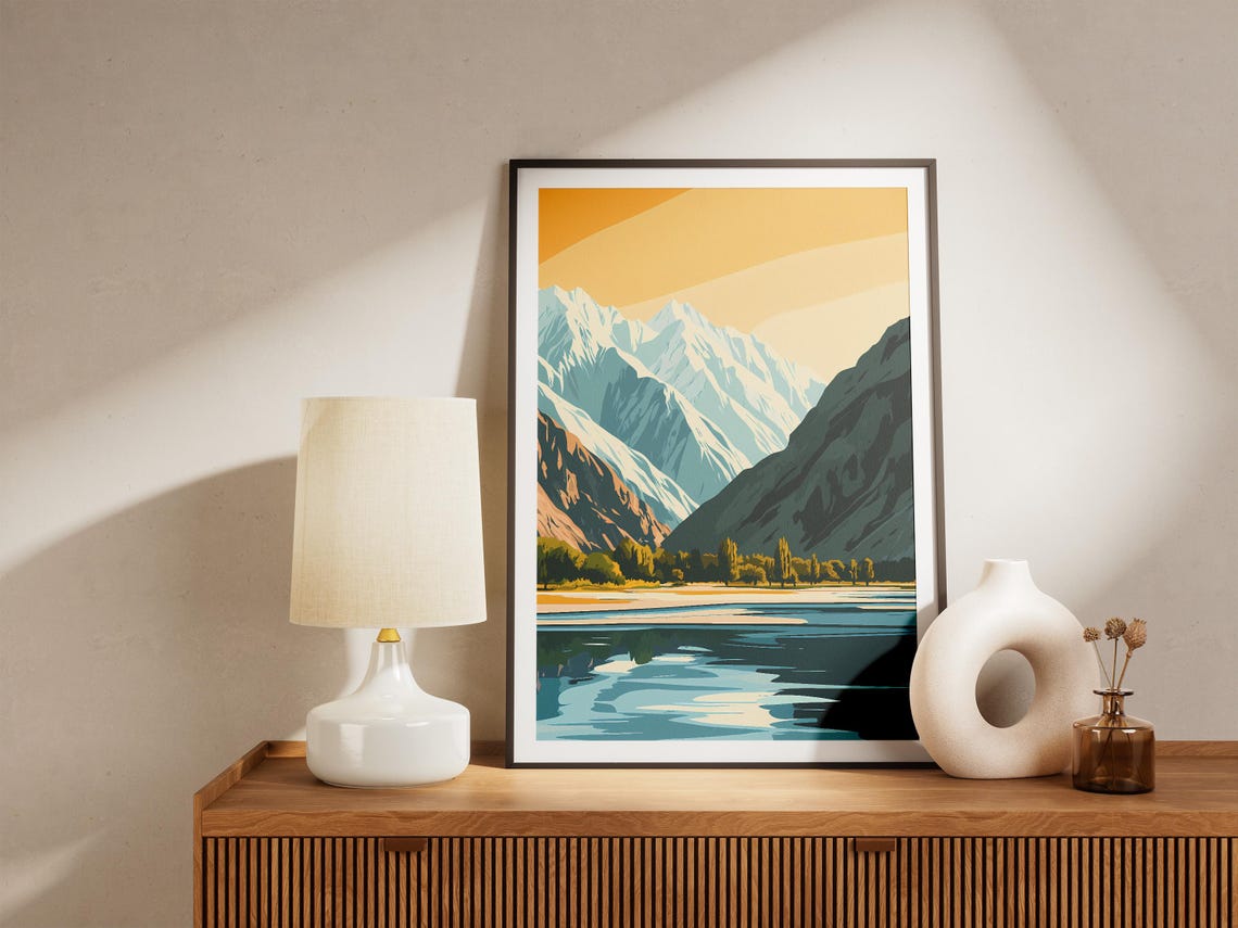 Hunza Valley Pakistan Snow Peaks River Reflection Poplar Poster - Image 5