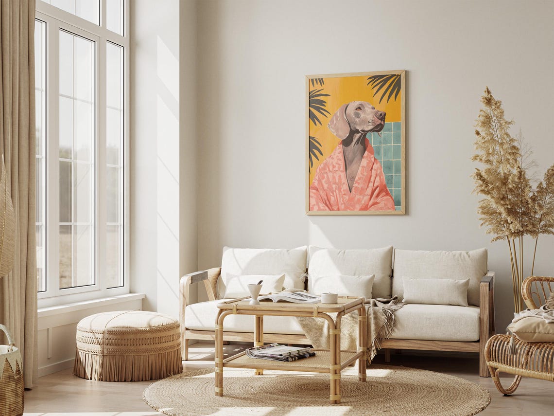 Weimaraner Dog in Coral Bathrobe Tropical Palm Bathroom Poster - Image 4