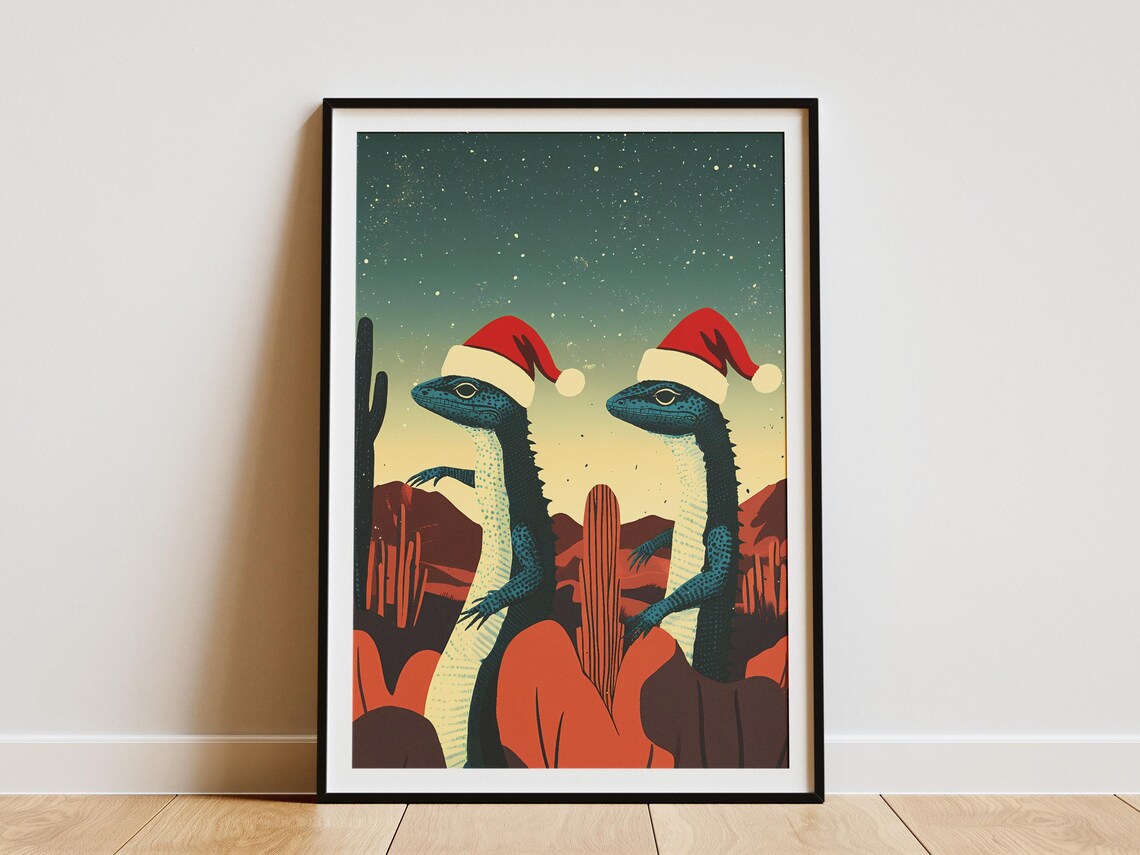Funny Christmas Lizards in Santa Hats Desert Night Holiday Poster