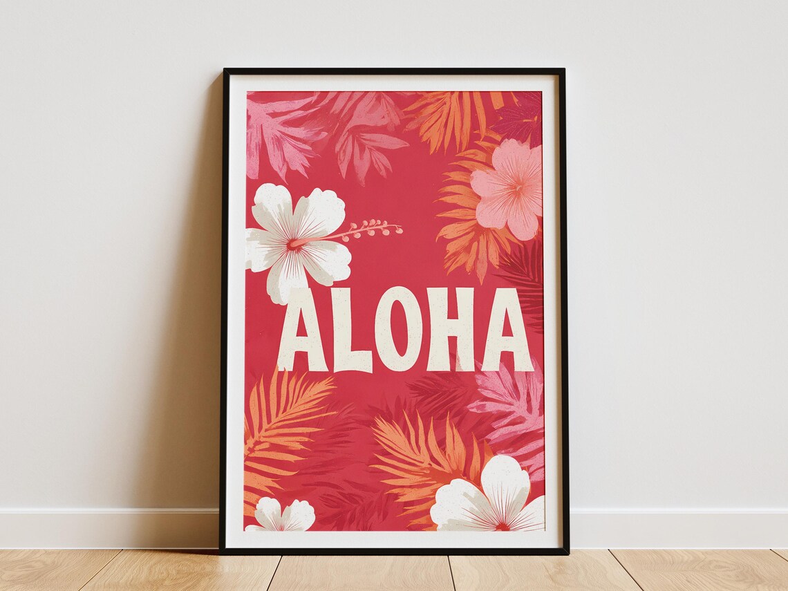 Aloha Typography Poster Red Hibiscus Tropical Floral Island Greeting