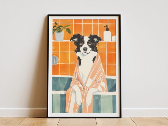 Australian Shepherd Dog Bathrobe Art Print Bathroom Decor Pet Portrait Poster Cute Wall Animal Illustration Lover Gift Home