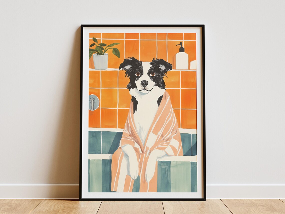 Border Collie In Peach Bathrobe Poster Funny Cute Dog Bathroom Art