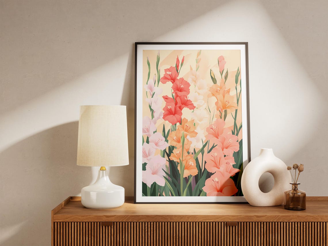Coral Gladiolus Spikes Tall Elegant Modern Botanical Flower Poster - Image 5