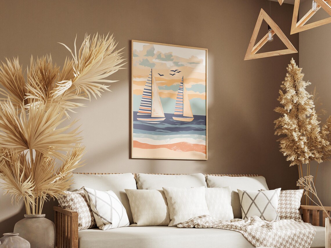 Two Sailboats with Striped Sails on Pastel Seas Watercolor Poster - Image 3