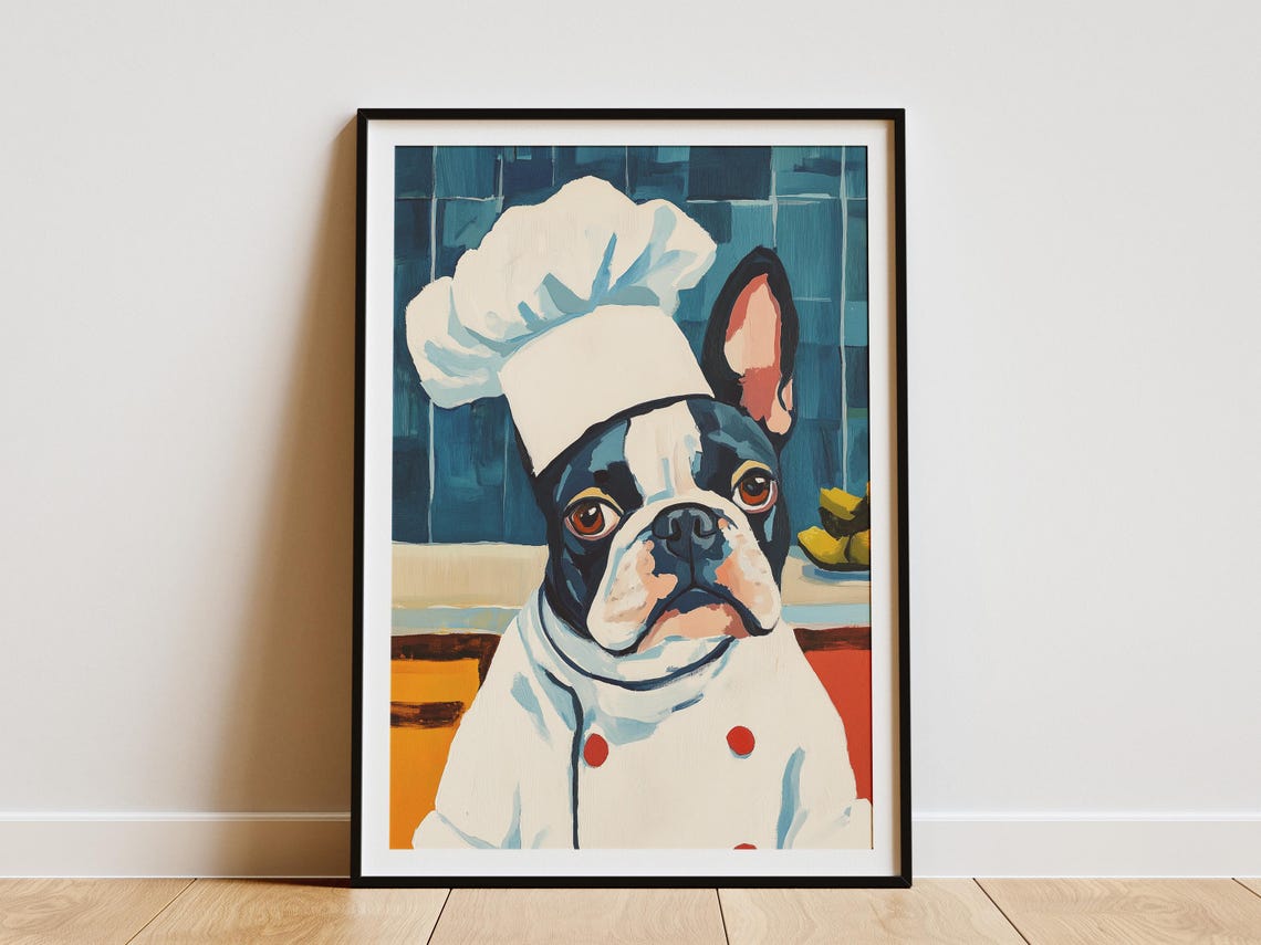 French Bulldog Chef Painting Cute Dog Kitchen Decor Sunny Poster