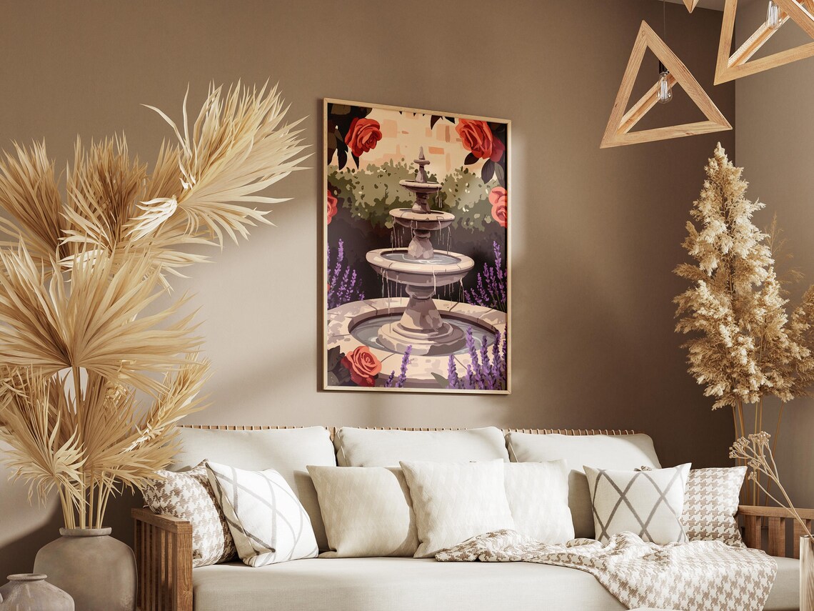 Stone Garden Fountain With Roses and Lavender Poster in Bloom - Image 3