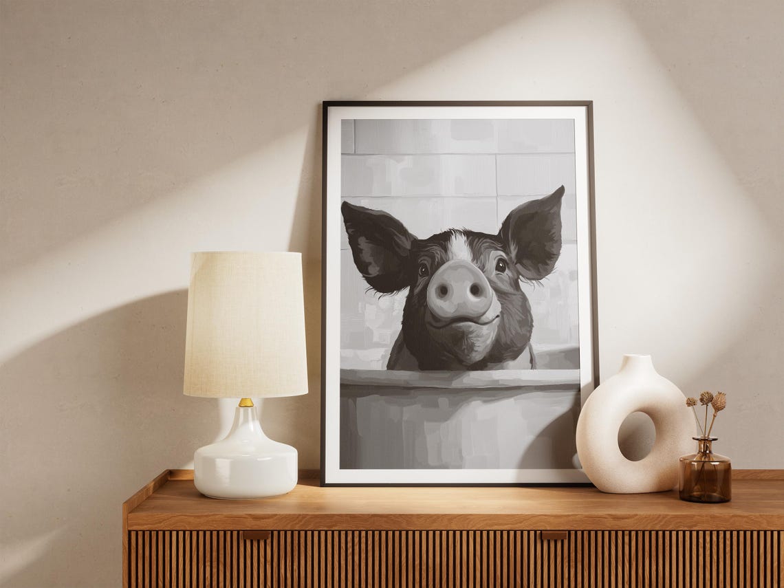 Pig In Bathtub Poster Funny Black And White Bathroom Wall Decor - Image 4