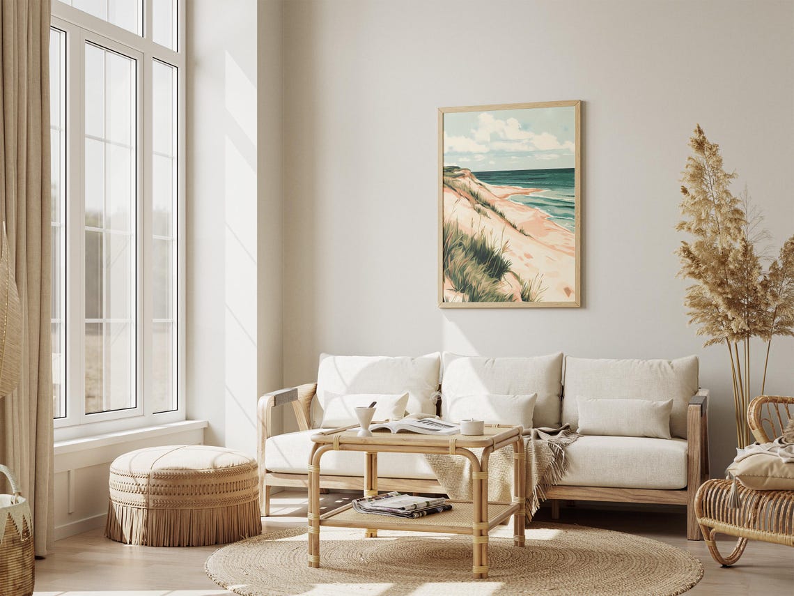 Sandy Dune Beach Grass Ocean Shore Painterly Illustration Poster - Image 4