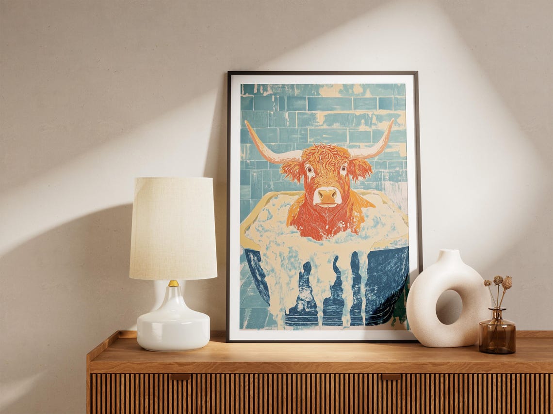 Highland Cow In A Bubble Bath Teal Tile Funny Bathroom Poster - Image 5