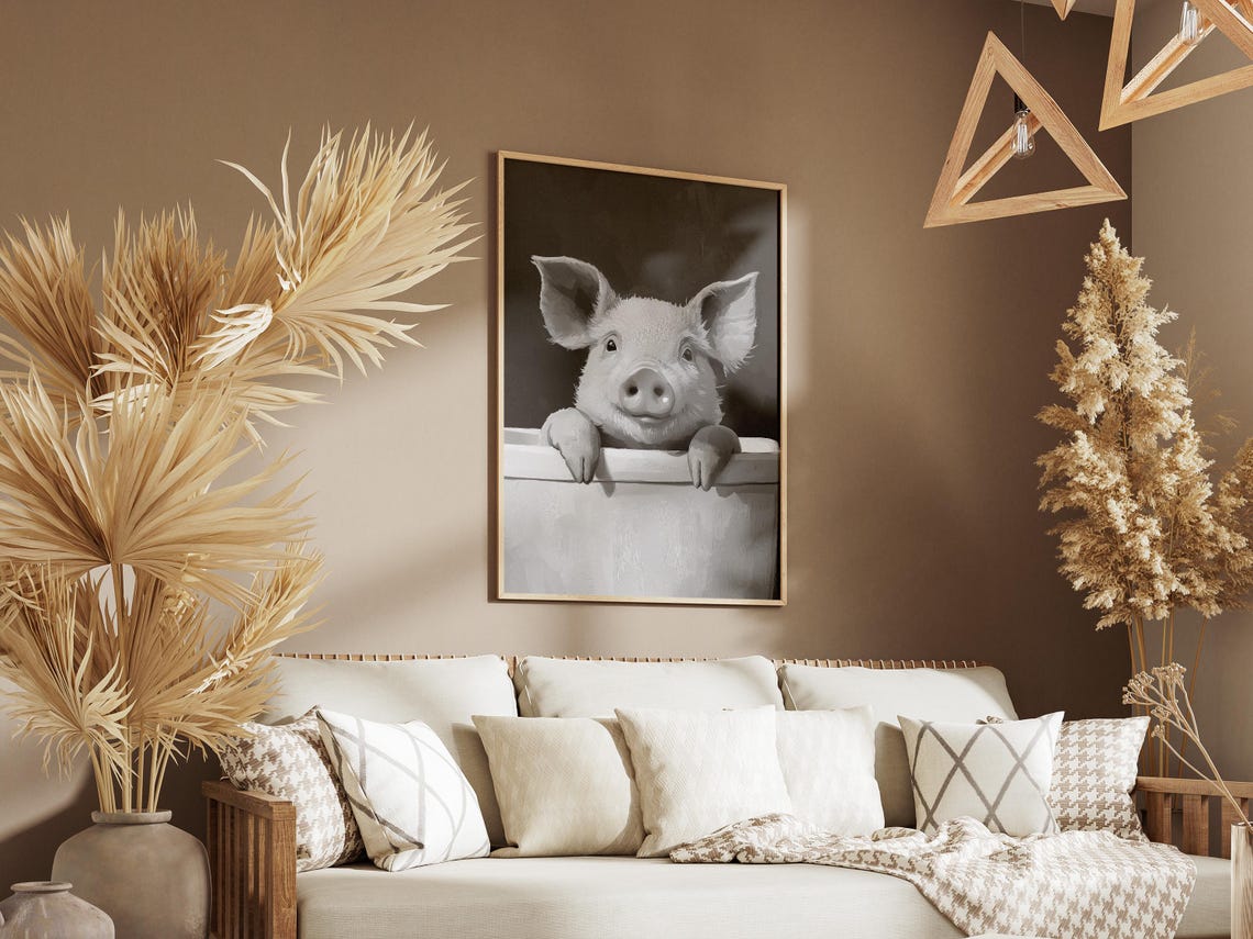 Piglet In Bathtub Poster Cute Pig Black And White Bathroom Decor - Image 3
