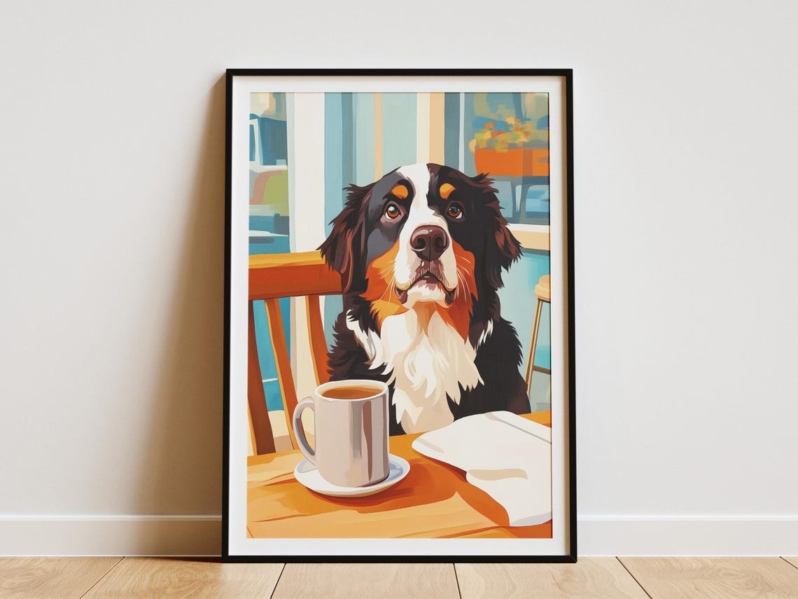 Bernese Mountain Dog Art Print Drinking Coffee Poster Lover Gift Kitchen Decor Funny