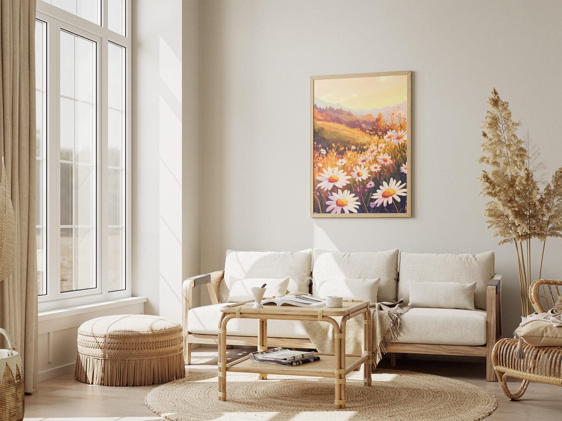 White Daisy Meadow Golden Hour Mountain View Dreamy Floral Poster - Image 4