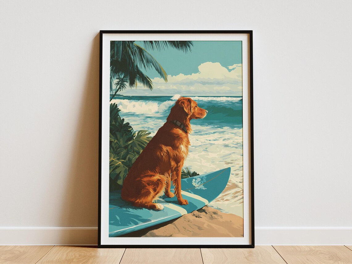 Golden Retriever Blue Surfboard Beach Wave Dog Lover Art Poster