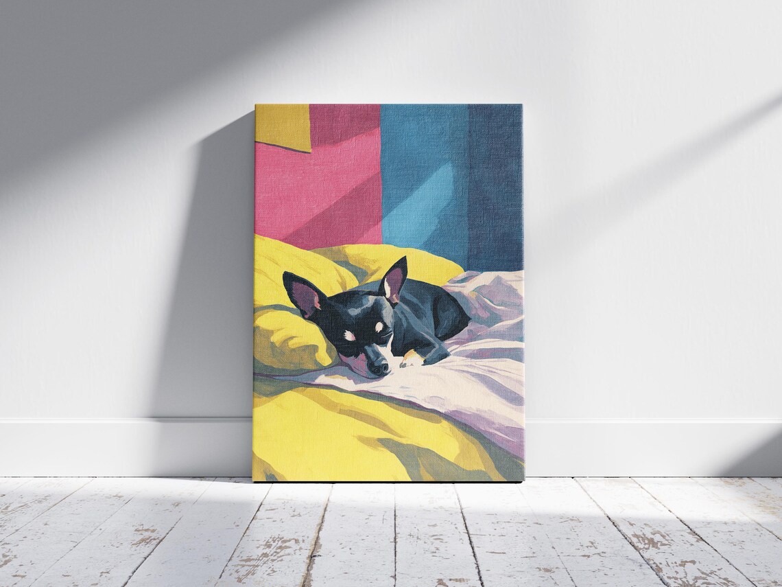 Tiny Black Chihuahua Sleeping on Bright Yellow Blankets Colorful Art Poster - Image 2