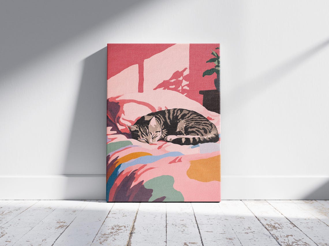 Sleeping Tabby Cat on Pink Bed Matisse Style Bedroom Art Poster - Image 2