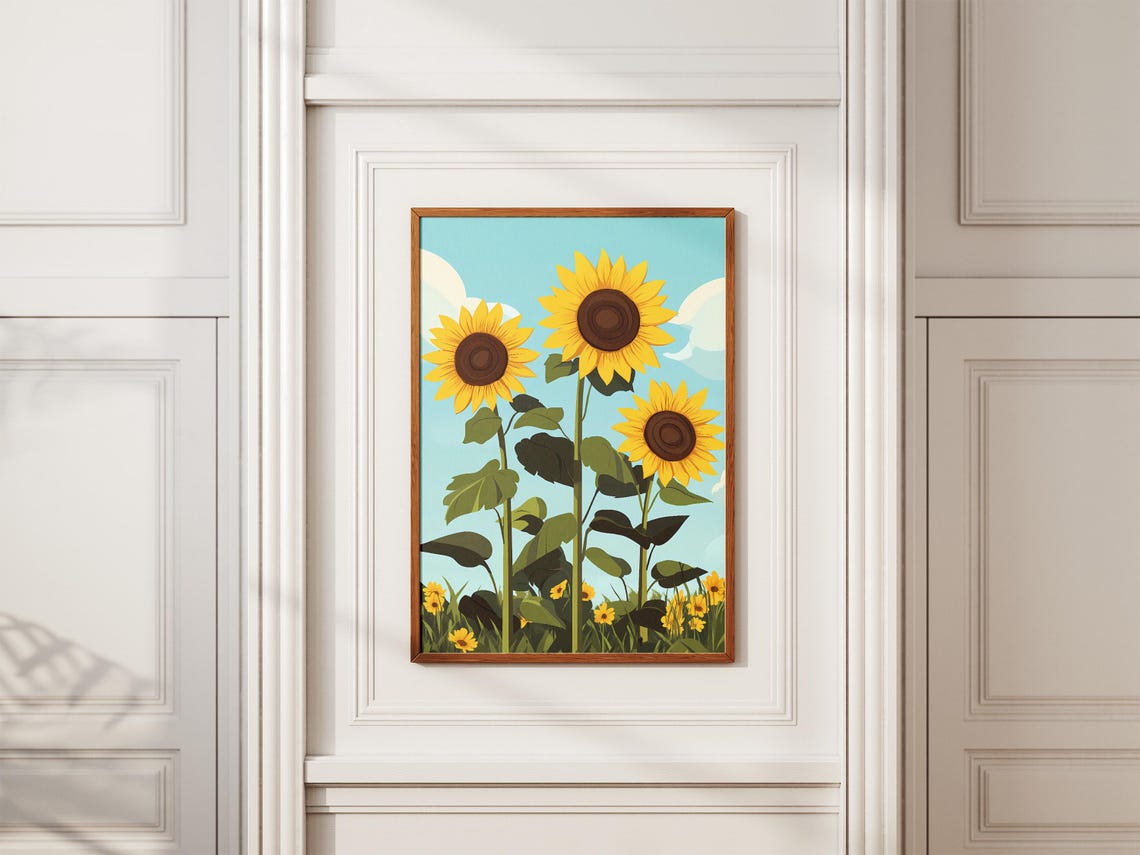 Three Tall Sunflowers Against a Bright Blue Sky Poster Summer Bloom - Image 2