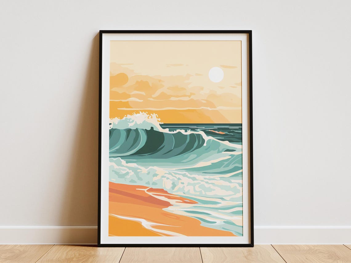 Ocean Wave Sunset Poster Teal Beach Art For Coastal Home Wall Decor