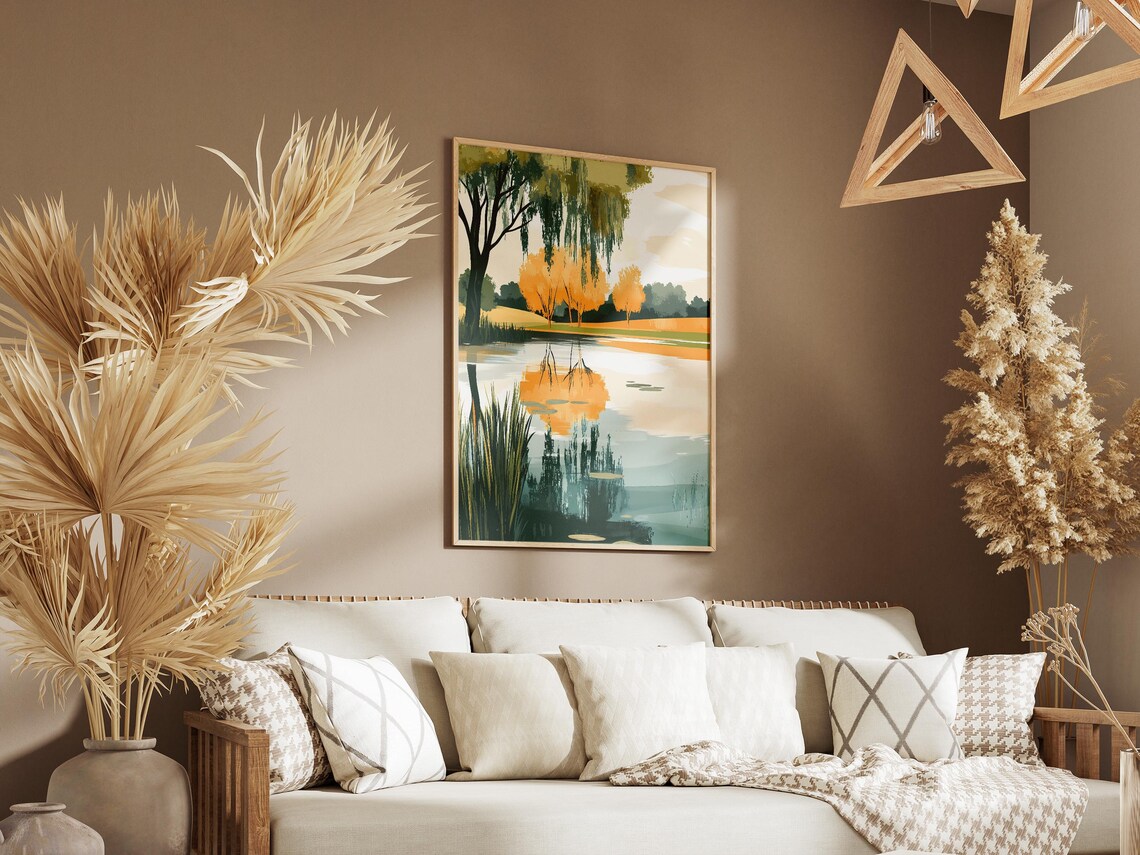 Weeping Willow by a Golden Autumn Lake with Lily Pads Art Poster - Image 3