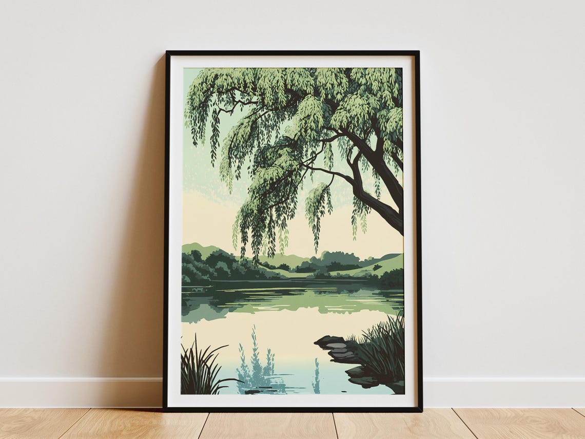 Weeping Willow Tree Pond Serene Lake Reflection Nature Poster